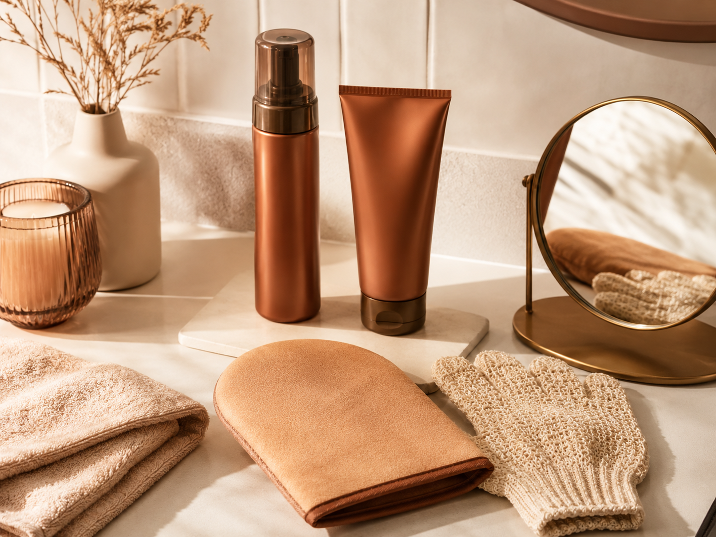 Minimalist self-tanning products, mitt, and mirror in a warm bathroom setting