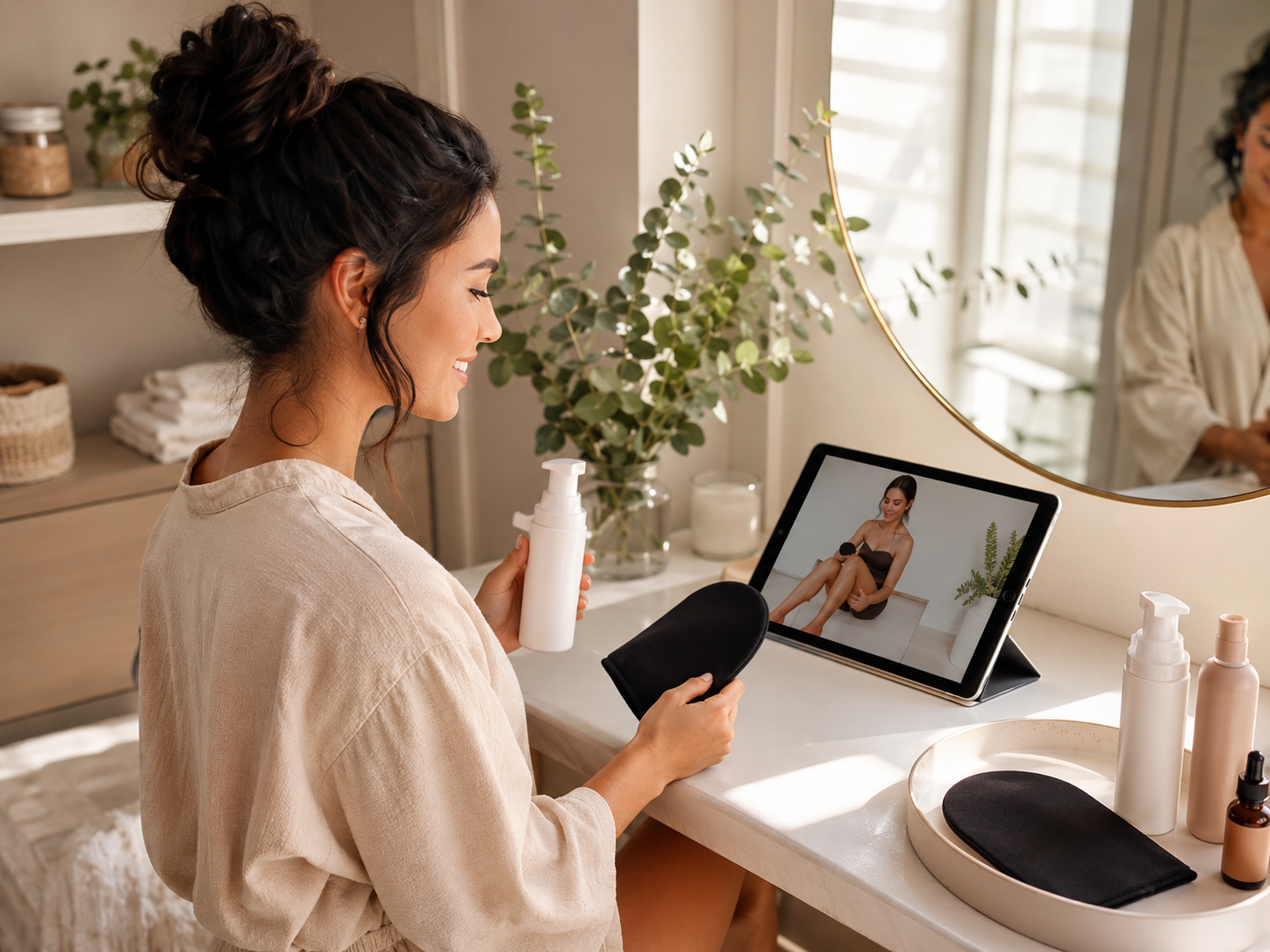 At-home tanning tutorial shown on a tablet in a sunlit bathroom